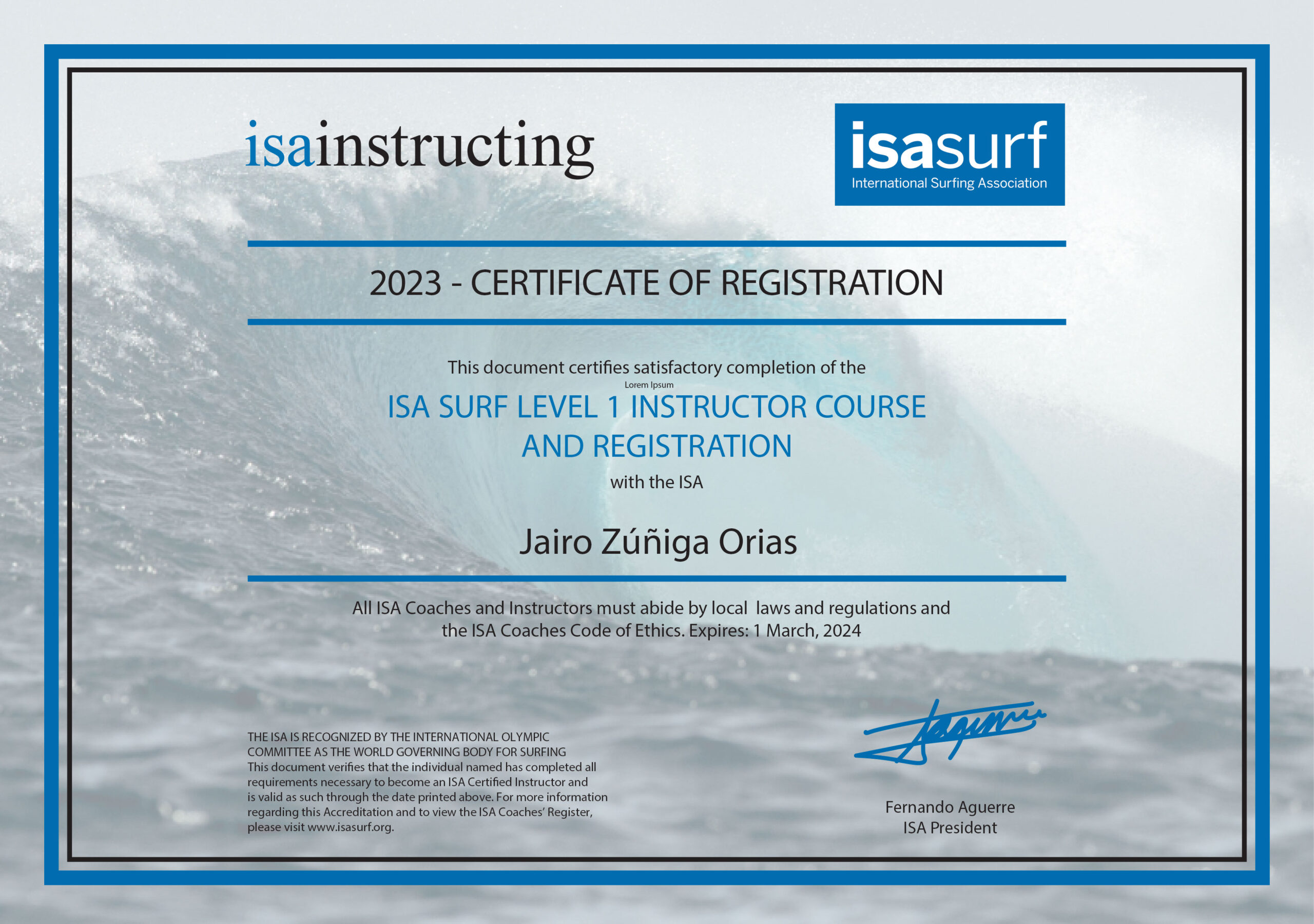 2023 03 01 Jairo-Zúñiga-Orias 2023 ISA International Surf Association Certified Surf Instructor Costa Rica Jairo Zuniga