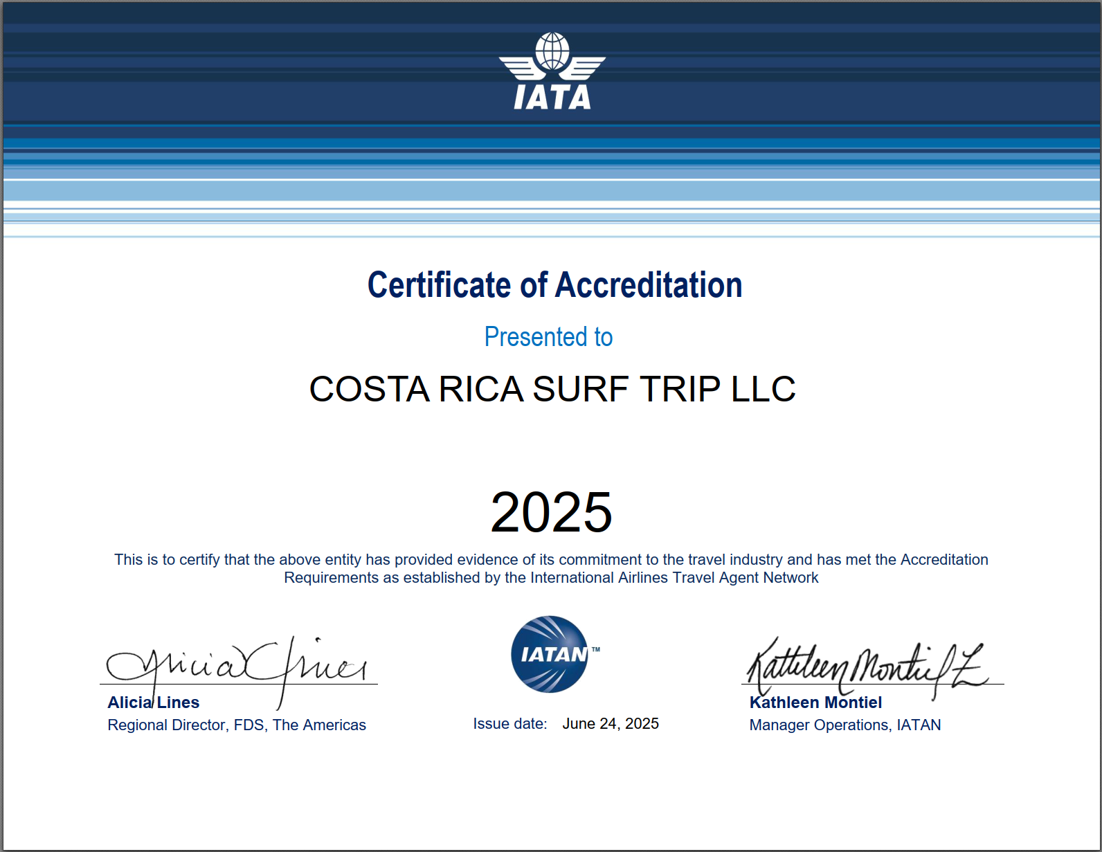 Screenshot 2025-07-21 135959 2025 IATAN certificate of accreditation for Costa Rica Surf Trip as a certified internationally recognized travel agency