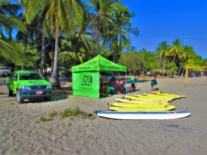 The Costa Rica Surf Trip tent, truck, and boards se up for a surf lesson in Playa Samara, Costa Rica on the beach at the edge of the palm trees