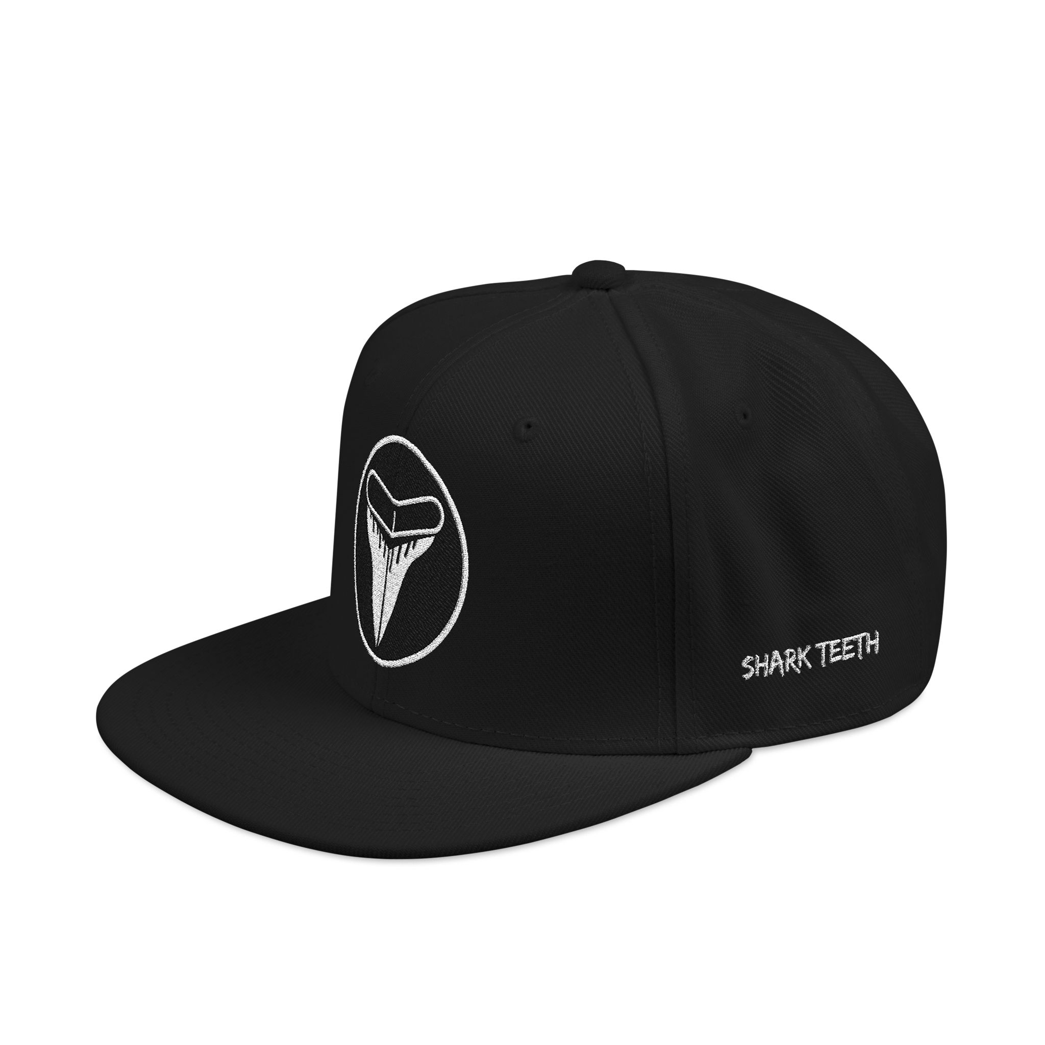 SHARKTEETH Stylish Embroidered Snapback Hat – White Stitch, Trendy Cap, Streetwear Accessory, Custom Logo Hat, Gift for Him or Her, Street Fashion, Surf Style, Skate Wear