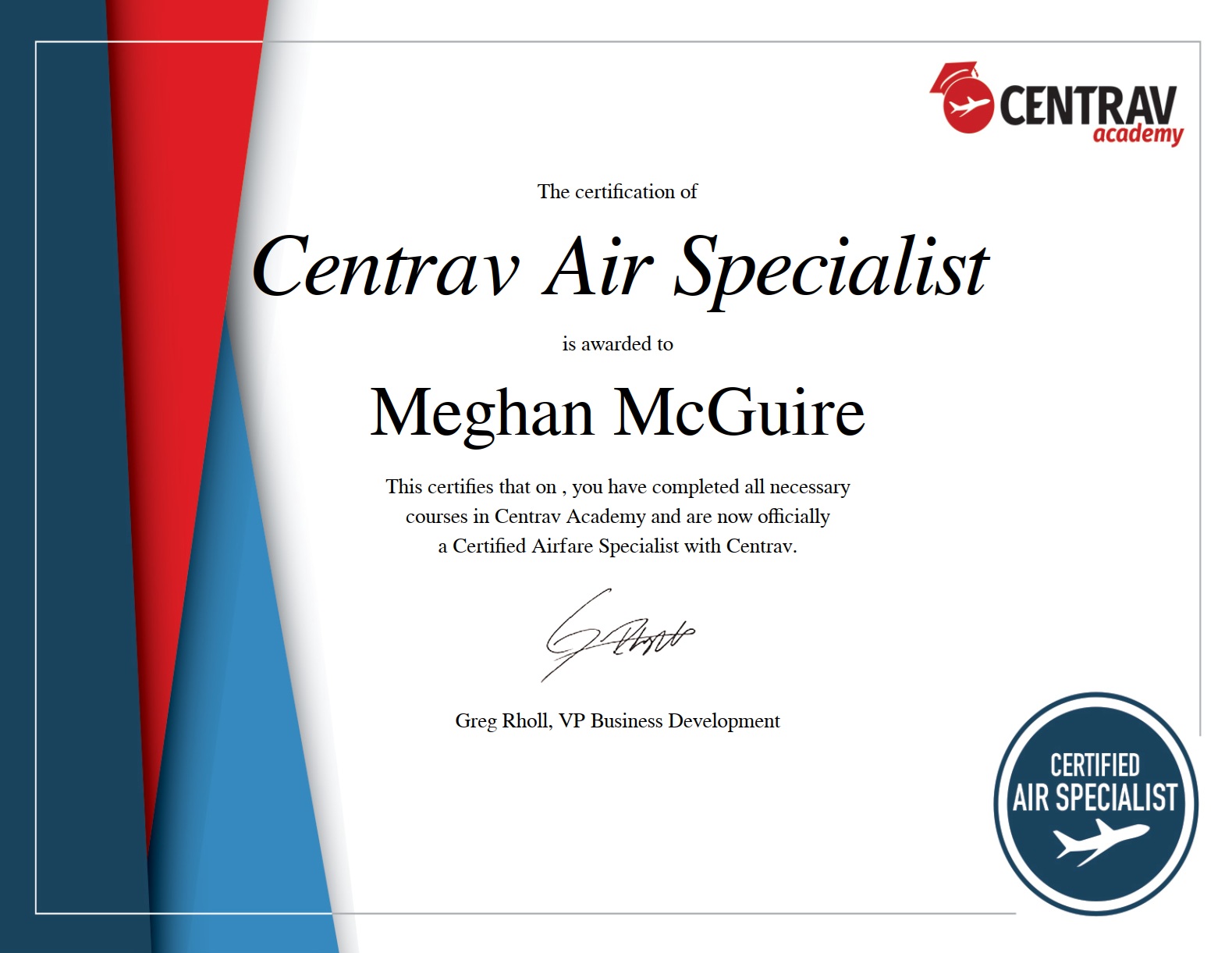 Centrav Air Specialist Certificate for Certified Travel Agent for booking flights